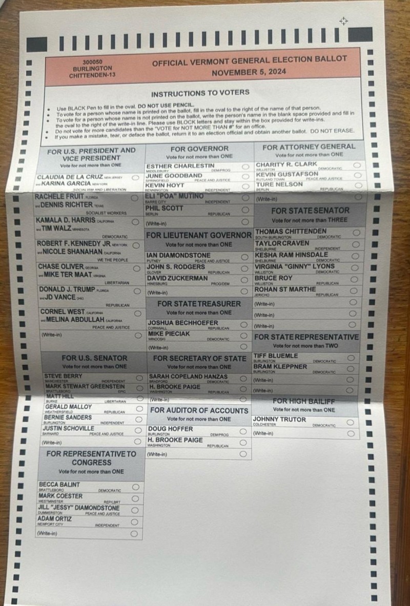 US ballot from Vermont State
