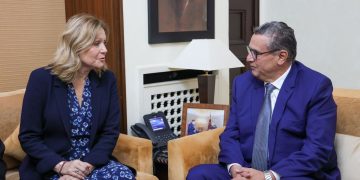 Head of Moroccan Government Aziz Akhannouch (right) and the President of the French National Assembly Yael Braun-Pivet