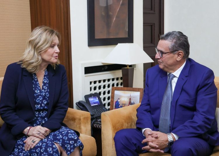 Head of Moroccan Government Aziz Akhannouch (right) and the President of the French National Assembly Yael Braun-Pivet