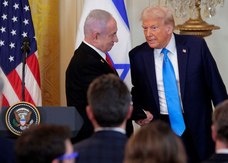 President Donald Trump and Israeli Prime Minister Benjamin Netanyahu shake hands following a joint news conference at the White House. Photo credit: Chip Somodevilla