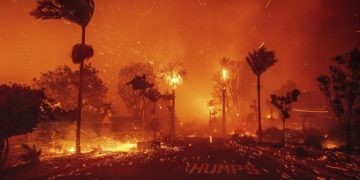 The Palisades Fire devastates a neighborhood amid high winds in the Pacific Palisades neighborhood of Los Angeles on January 7