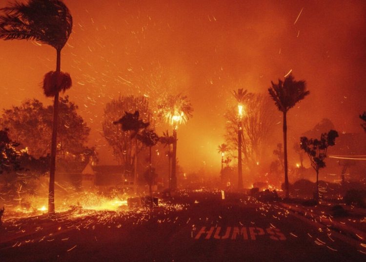 The Palisades Fire devastates a neighborhood amid high winds in the Pacific Palisades neighborhood of Los Angeles on January 7
