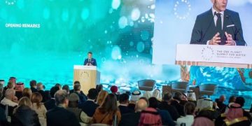 French President Emmanuel Macron speaking at the One Water Summit in Riyadh. Photo credit: BANDAR ALJALOUD/SAUDI ROYAL PALACE/AP