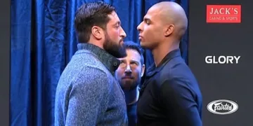Jamal Ben Saddik (on the left) faces Dutch fighter Levi Rigters in the Round of 16 at the main event of GLORY 103.