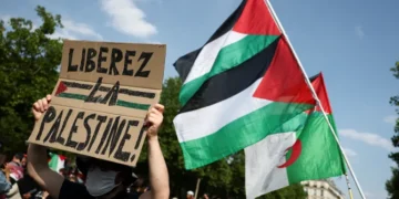 A man holds a placard reading 'Free Palestine' during a demonstration at the Place de la Republique in Paris, France, on June 9, 2025 [Sarah Meyssonnier/Reuters]