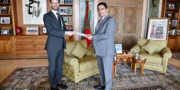 Alexander Pinfield OBE, the new British Ambassador to Morocco, presents his Letters of Credence to Foreign Minister Nasser Bourita in Rabat.