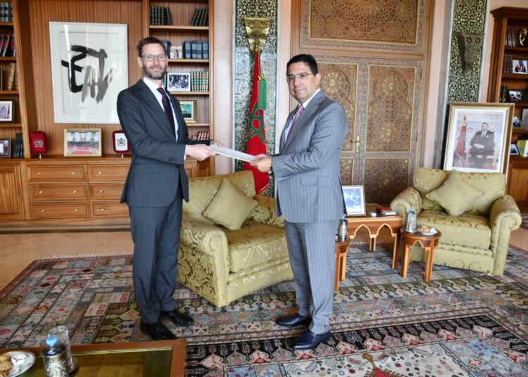 Alexander Pinfield OBE, the new British Ambassador to Morocco, presents his Letters of Credence to Foreign Minister Nasser Bourita in Rabat.