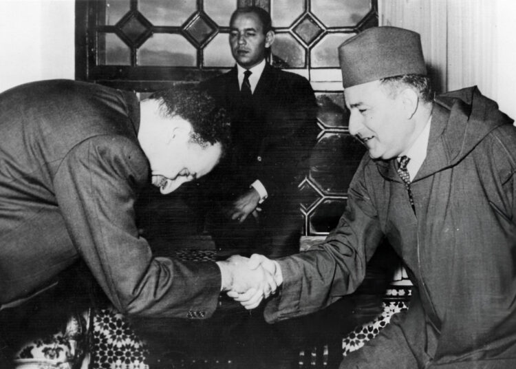 October 17, 1959: Ferhat Abbas, head of the Algerian Provisional Government (left), is received by King Mohammed V of Morocco at the Royal Palace in Rabat, where they discussed General de Gaulle’s peace proposal.