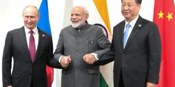 President of Russia Vladimir Putin, the President of China Xi Jinping, and India's Prime Minister Narendra Modi. MIKHAIL KLIMENTYEV/AFP