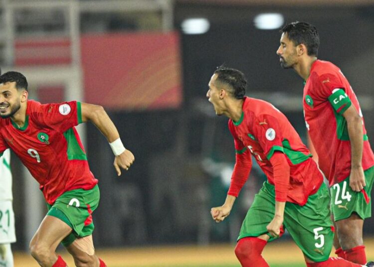 Moroccan players celebrating after their win against Senegal in CHAN 2024 semifinals