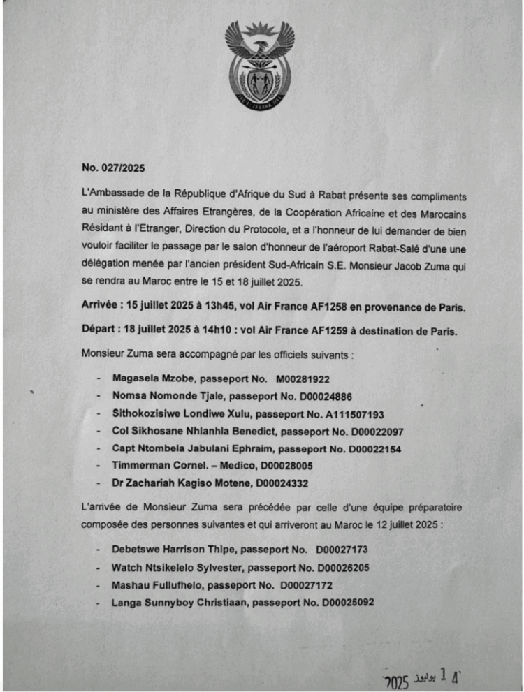 A diplomatic note from the South African Embassy in Rabat to Morocco’s Foreign Ministry, dated July 11, explicitly requested VIP treatment for Zuma’s delegation.