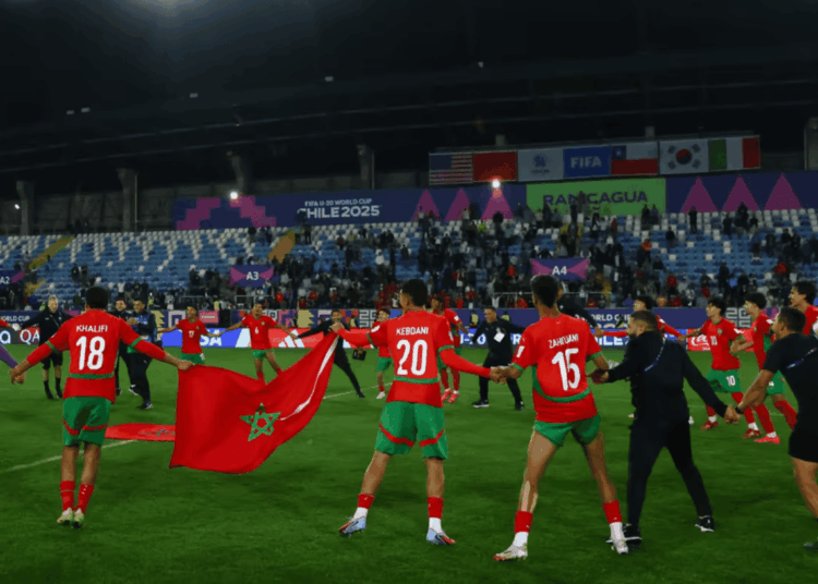 Morocco's U-20 team celebrating their qualification to the World Cup final