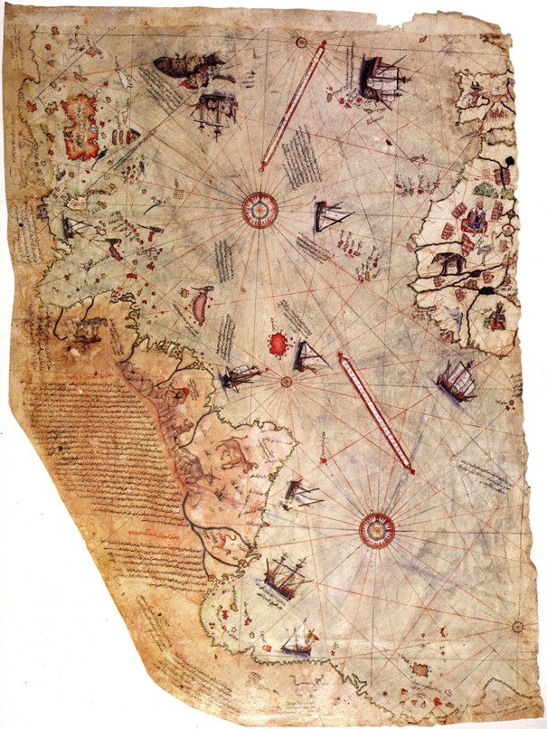 Remaining part of Piri Reis’s 16th century world Map, showing the western part of Africa & Europe & the eastern part of Central and South America.