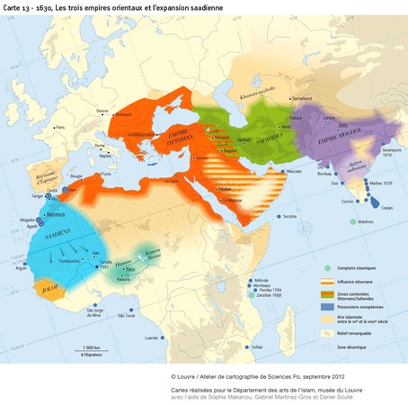 Map of the Islamic empires at the beginning of 17th century AD, from the Louvre Museum in France.
