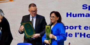 The signing of the agreement between CNDH President Amina Bouayach and Morocco 2030 Foundation President Fouzi Lekjaa