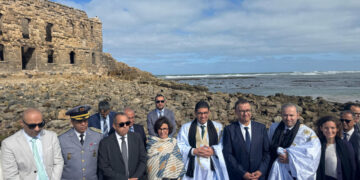 French Ex-Minister of Culture Rachida Dati (center) with her Moroccan counterpart Mohamed Mehdi Bensaid (beside her) in Tarfaya on February 17, 2025.