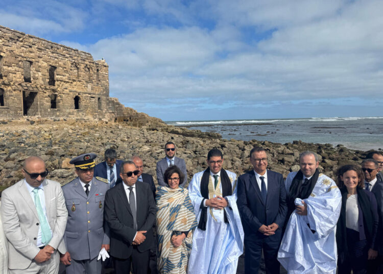 French Ex-Minister of Culture Rachida Dati (center) with her Moroccan counterpart Mohamed Mehdi Bensaid (beside her) in Tarfaya on February 17, 2025.
