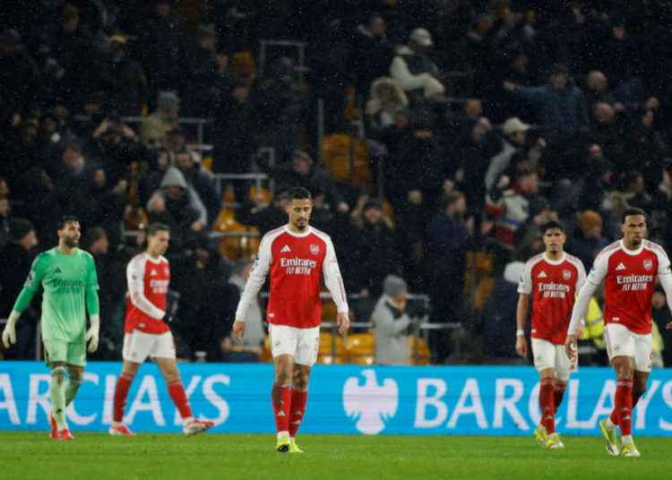 Arsenal’s title hopes took another hit at Molineux. The chants of “second again, ole, ole” rang out from Wolverhampton Wanderers fans