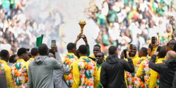 Senegalese players ahead of the international friendly football match between Senegal and Peru in Saint-Denis on Saturday, March 28, 2026. (Aurelien Morissard/AP)