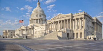 The east side of the US Capitol in the early morning. Senate Chamber in the foreground.