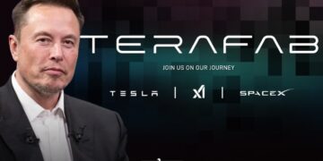 Elon Musk pictured next to TERAFAB