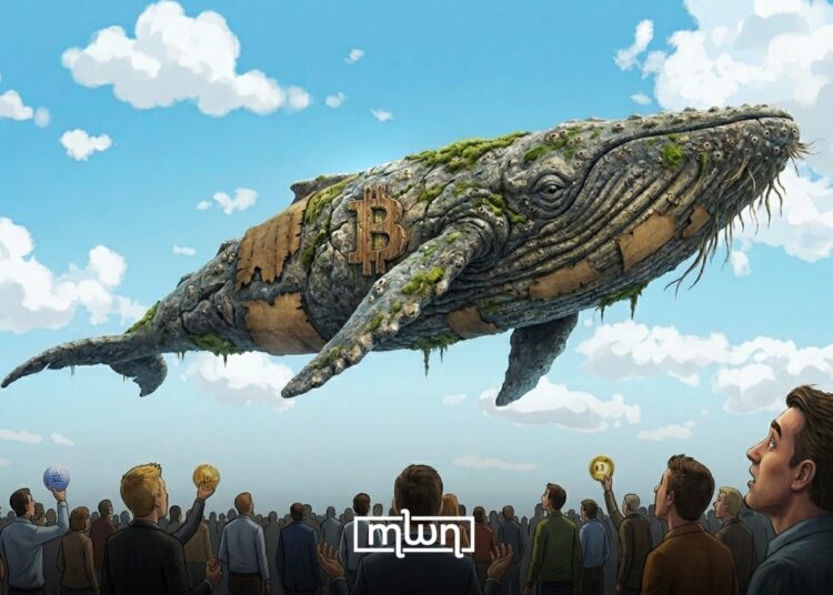 A massive Bitcoin “whale” towers over onlookers.