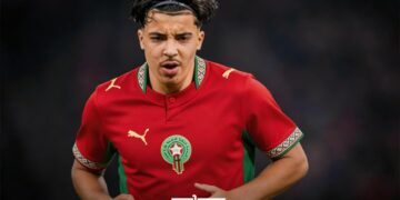 Rayane Bounida in Morocco's national team jersey.