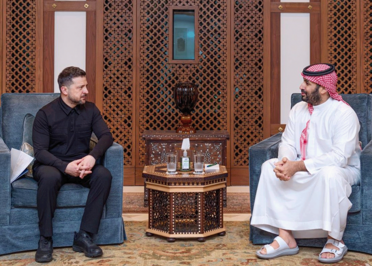 Crown Prince of Saudi Arabia Mohammed bin Salman during his talks with Ukrainian President Volodymyr Zelenskyy.