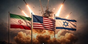 Iran, US, Israel flags.