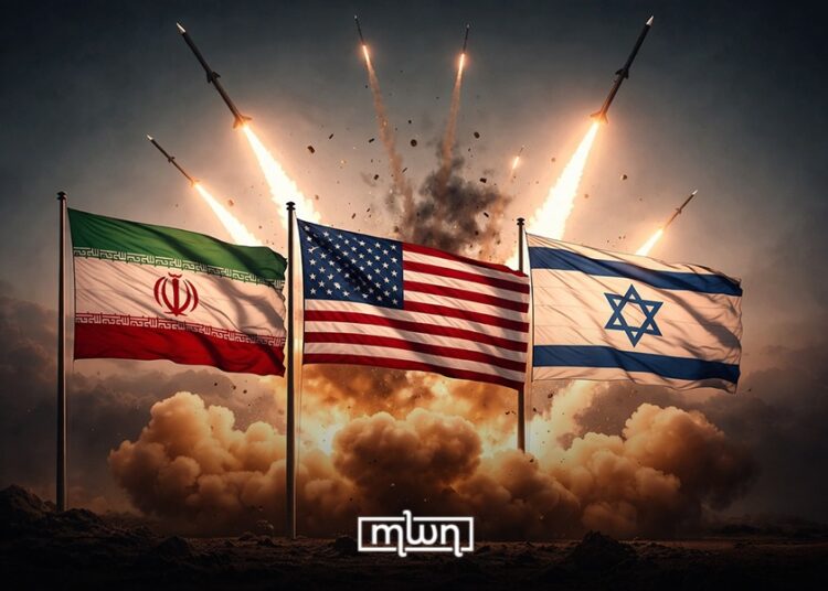 Iran, US, Israel flags.