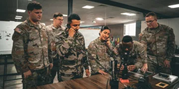 US, Moroccan and SETAF-AF personnel test real-time Arabic-to-English AI translation over MPU5 radios integrated into the MCHMR system during African Lion 26 at Southern Zone Headquarters in Agadir, Morocco, May 4, 2026. (US Army photo)
