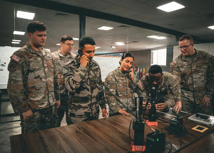 US, Moroccan and SETAF-AF personnel test real-time Arabic-to-English AI translation over MPU5 radios integrated into the MCHMR system during African Lion 26 at Southern Zone Headquarters in Agadir, Morocco, May 4, 2026. (US Army photo)