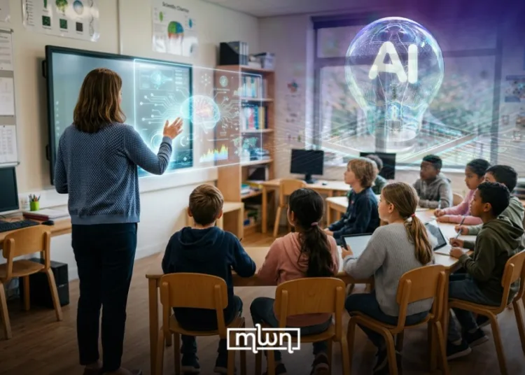 A teacher in a classroom with students, surrounded by AI-powered learning tools displayed on digital screens and devices.