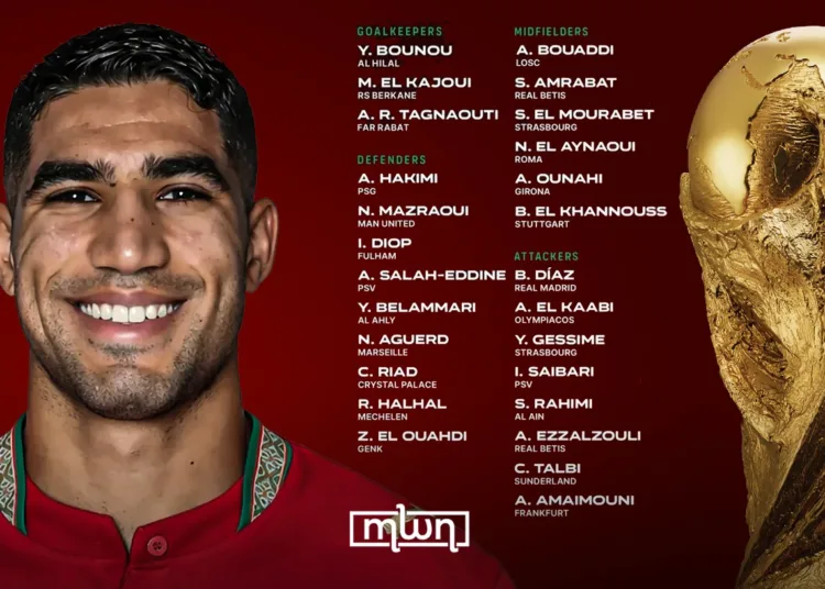 Achraf Hakimi alongside fellow Morocco national team players called up for the upcoming FIFA World Cup 2026 fixtures.