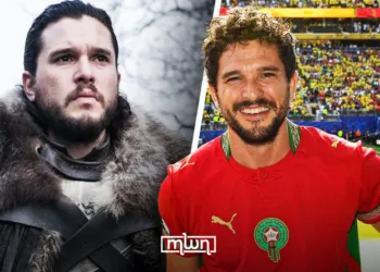 Kit Harington wearing a Moroccan Jersey during 2026 World Cup game vs Brazil