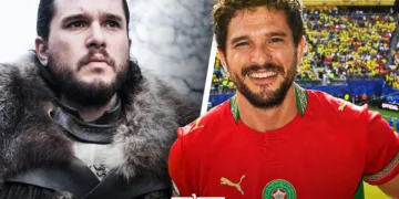 Kit Harington wearing a Moroccan Jersey during 2026 World Cup game vs Brazil