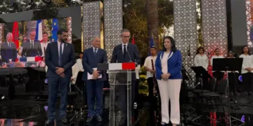 France’s Ambassador Philippe Lalliot with Moroccan ministers Mohamed Saad Berrada and Amal El Fallah Seghrouchni at the Bastille Day reception in Rabat.