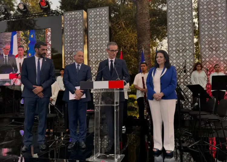 France’s Ambassador Philippe Lalliot with Moroccan ministers Mohamed Saad Berrada and Amal El Fallah Seghrouchni at the Bastille Day reception in Rabat.
