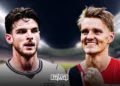 England’s Declan Rice and Norway’s Martin Ødegaard.