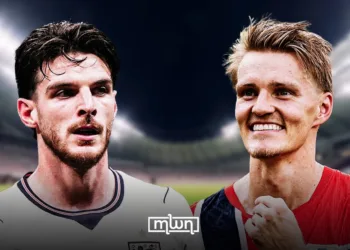 England’s Declan Rice and Norway’s Martin Ødegaard.