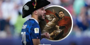Algerian-descended Rayan Cherki wore a Napoleonic bicorne after France’s win; later, he posted an edited portrait of himself as Napoleon.