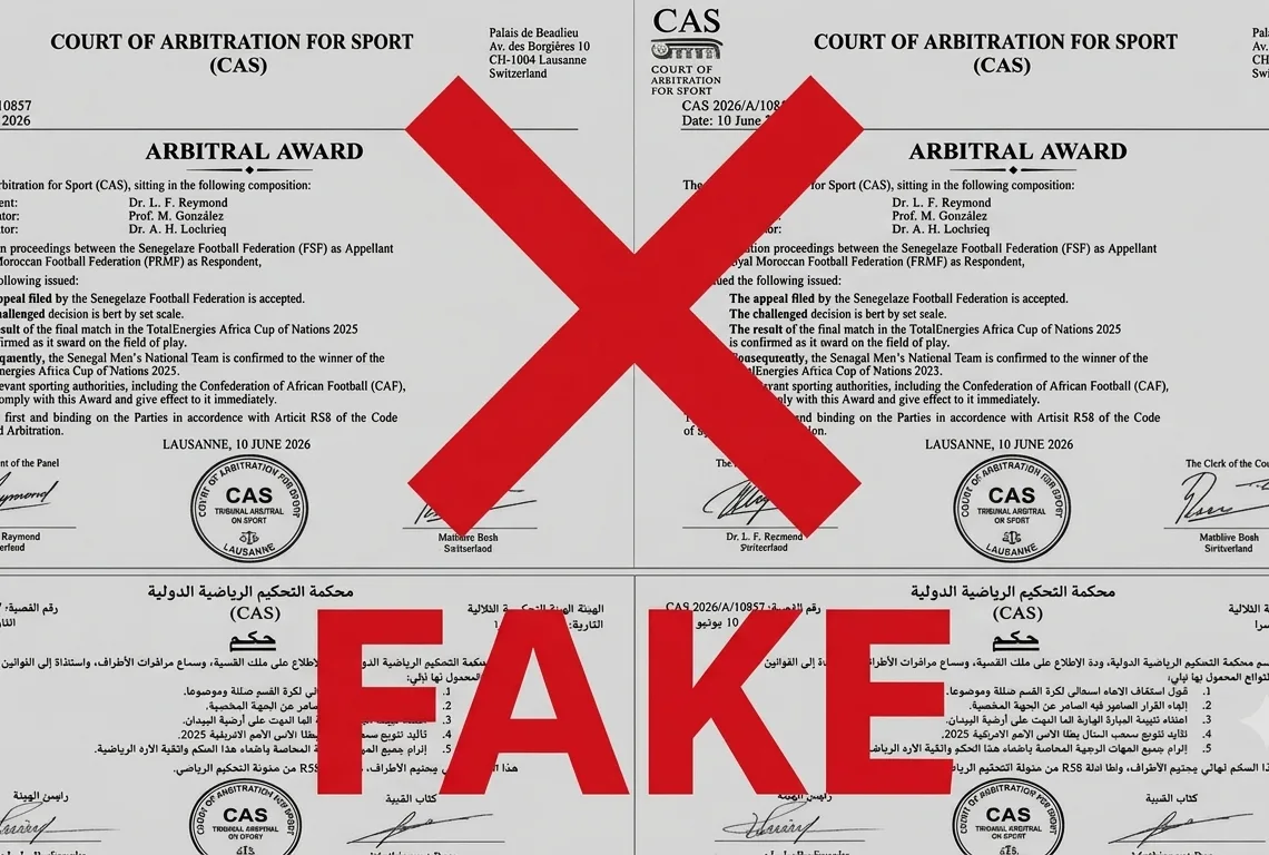 A document circulating on social media claiming that the Court of Arbitration for Sport (CAS) has stripped Morocco of the 2025 Africa Cup of Nations title and awarded it to Senegal is false.