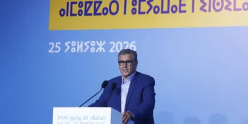 Aziz Akhannouch speaks during the RNI’s communication meeting in Dakhla on Saturday.