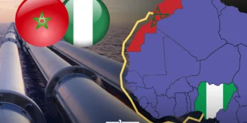 The pipeline is a roughly 6,800-kilometer line carrying Nigerian gas up the West African coast to Morocco, then toward Europe.