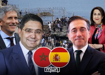 From left: Spain’s Interior Minister Fernando Grande-Marlaska, Morocco’s Foreign Minister Nasser Bourita, Spanish Foreign Minister José Manuel Albares, and Defense Minister Margarita Robles, against the backdrop of the July Ceuta crossings. While Rabat and Madrid maintain close diplomatic coordination, tensions inside Spain’s own government have increasingly shaped the political fallout from the crisis.