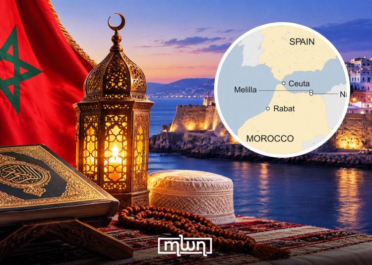 A collage featuring Morocco’s flag, Eid Al Mawlid celebrations, and views of the Spanish enclaves of Ceuta and Melilla. Collage by Morocco World News.