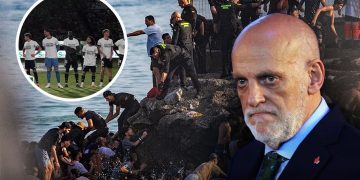 La Liga President Javier Tebas, pictured against the backdrop of the late-July mass migrant crossing into the Spanish-occupied enclave of Ceuta. (Designed by MWN team)