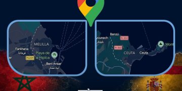Google Maps traces the land borders between Morocco and the occupied cities of Ceuta and Melilla with a gray dashed line, the marker the American company reserves for frontiers it treats as disputed. (Designed by MWN team)