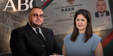 Illustration showing Mehdi Hijaouy alongside ABC journalist Ketty Garat, with the Spanish daily’s logo and an image of Hijaouy’s former Moroccan intelligence identification card in the background. (Designed by MWN team)