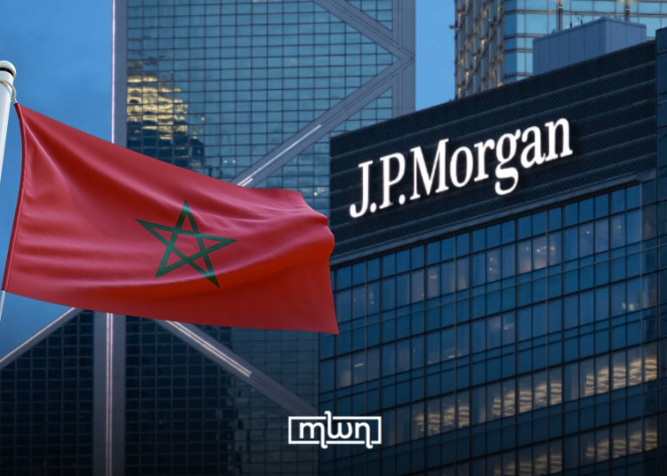 Illustration showing Morocco’s flag alongside JPMorgan signage, reflecting the country’s inclusion among the top weightings in the bank’s new frontier local-currency bond index. (Designed by MWN team)